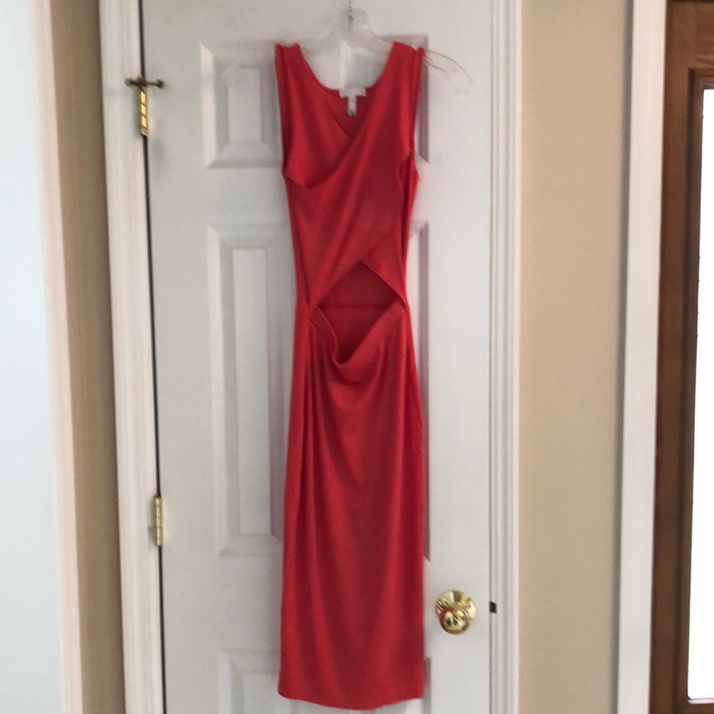 Leith coral ribbed body con dress with cross neck and center cutout